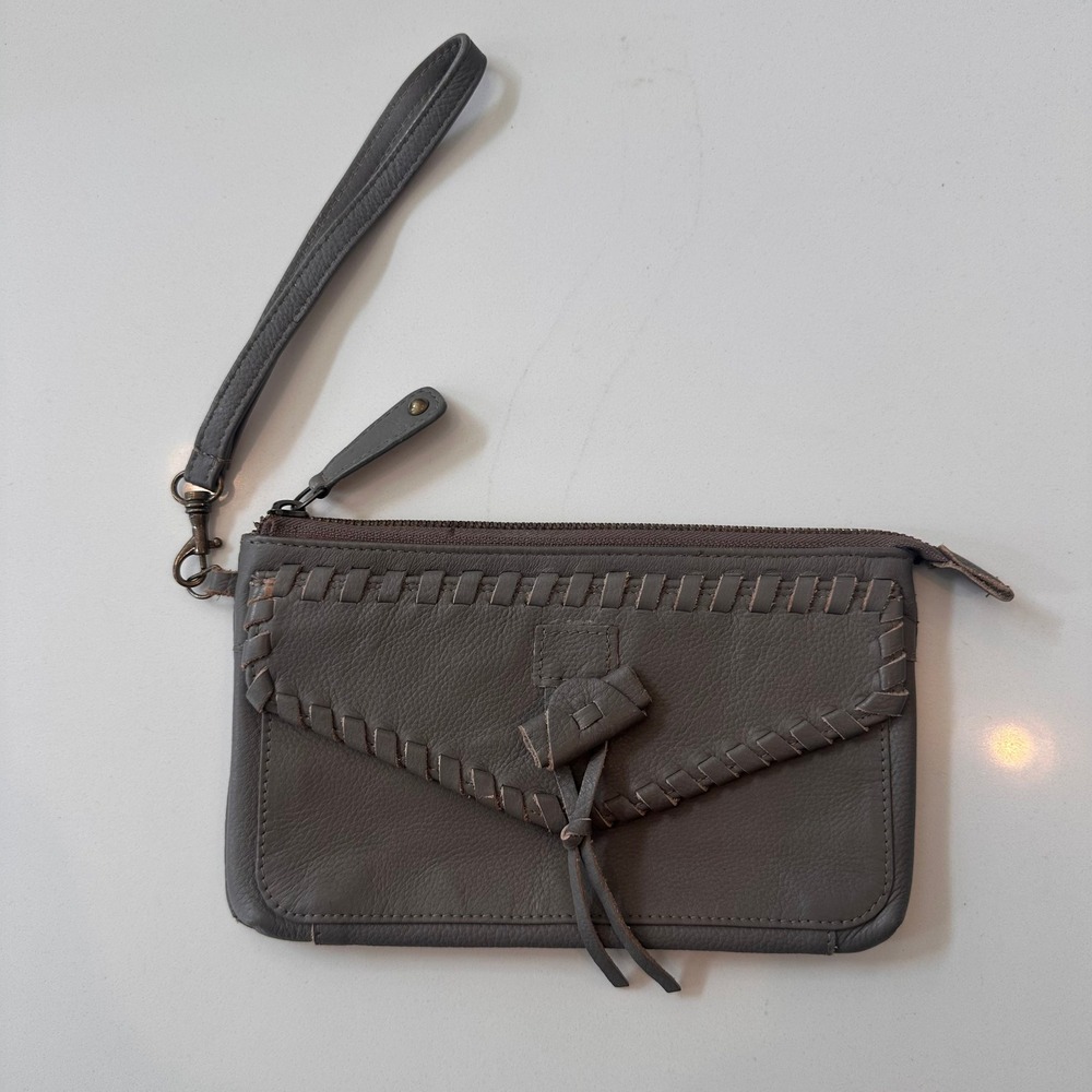 Lucky Brand Grey Leather Wristlet Clutch Bag Zip Closure